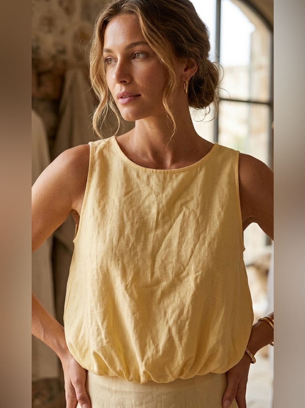 Spighe di Lino Italian Pale Yellow Linen Bubble Hem Tank Top - Size Large